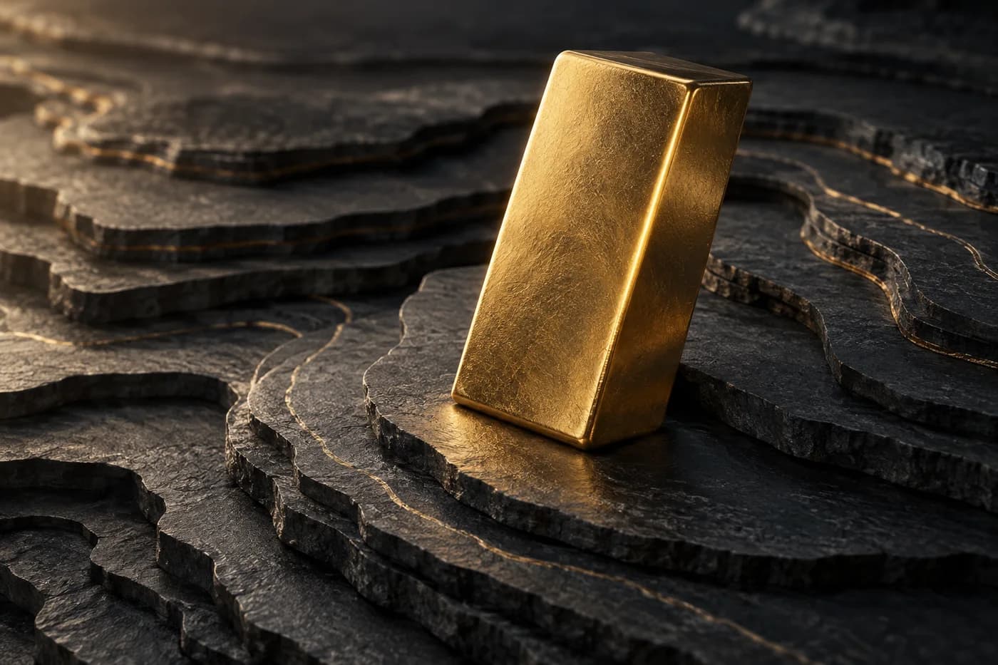 Gold ingot over layered graphite contours illustrating commodity research
