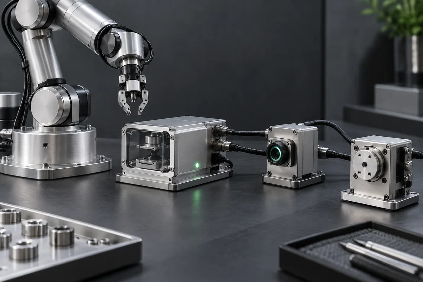 Robotic assembly and connected sensor modules illustrating IoT engineering