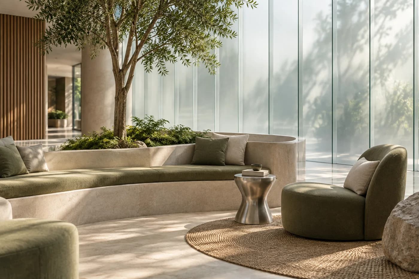 Calm workplace atrium illustrating employee wellbeing