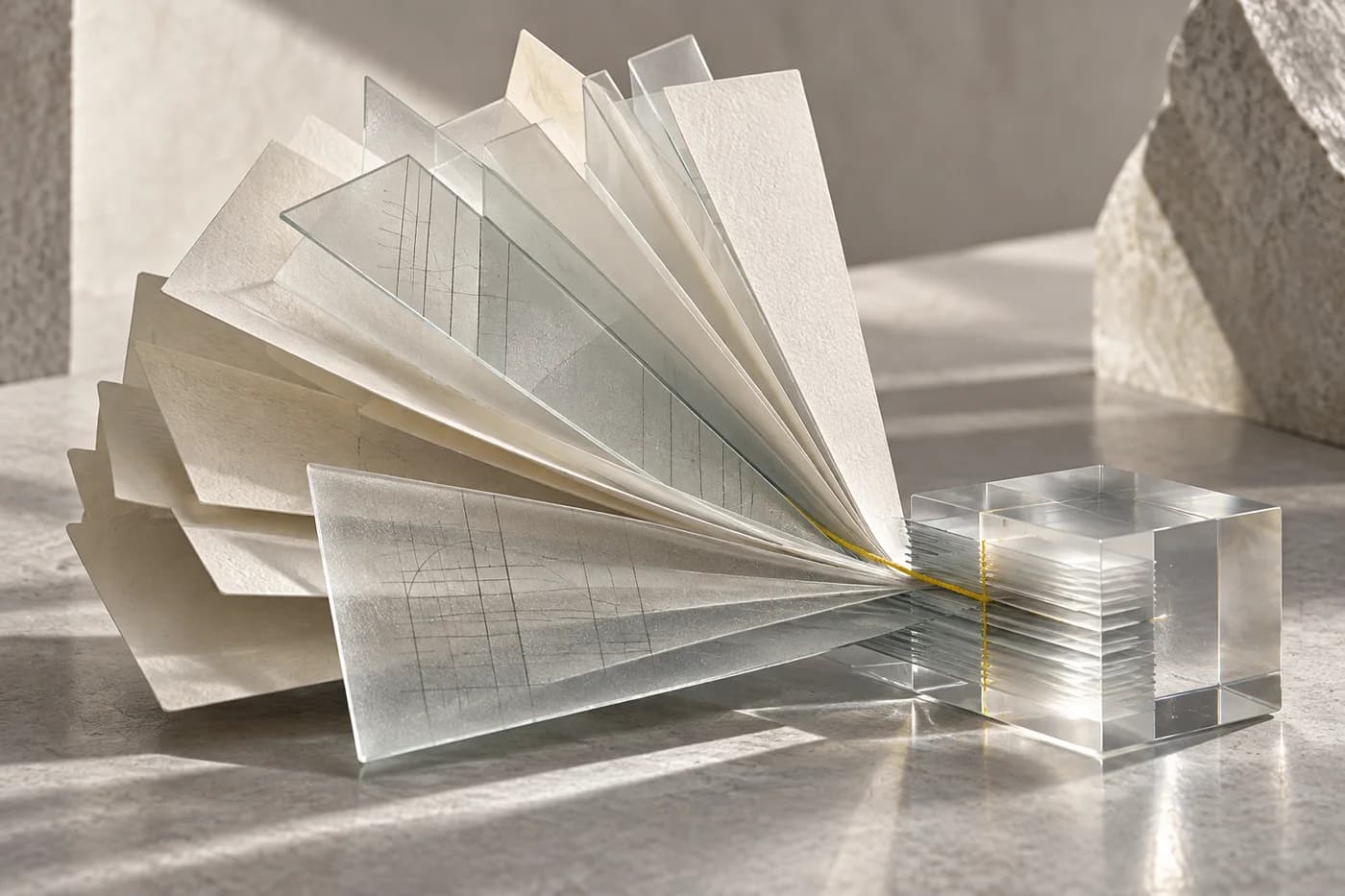 Paper and glass layers illustrating research becoming structured evidence